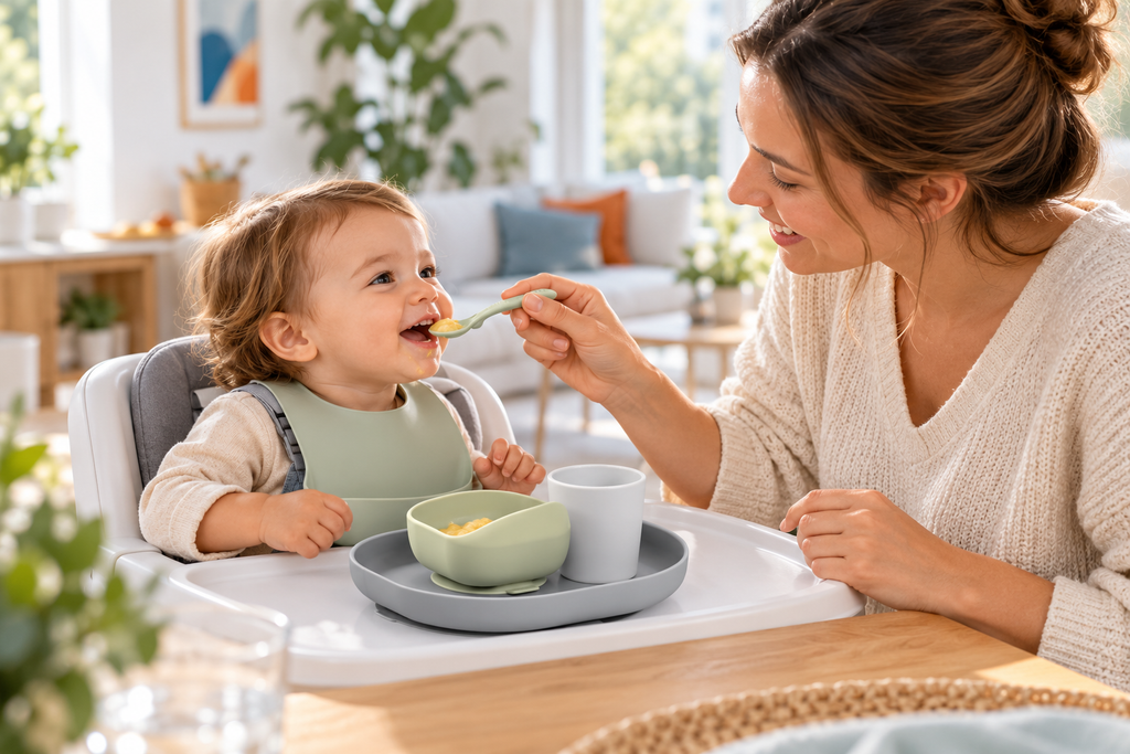 Parent accompagnant son enfant pendant un repas avec le coffret