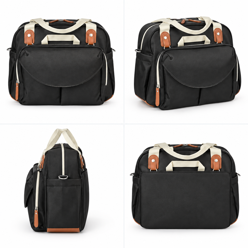 Sac à langer noir présenté sous plusieurs angles