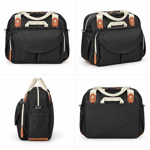 Sac à langer noir présenté sous plusieurs angles