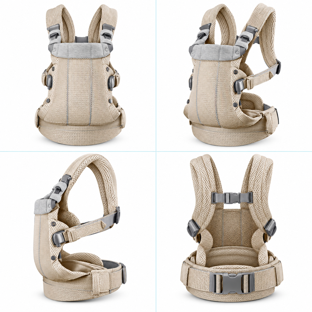 Porte-bébé beige présenté sous plusieurs angles