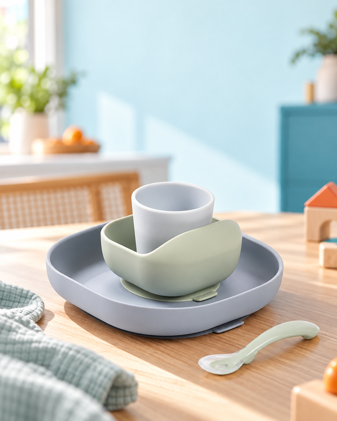 Coffret repas bébé avec assiette, bol, tasse et cuillère