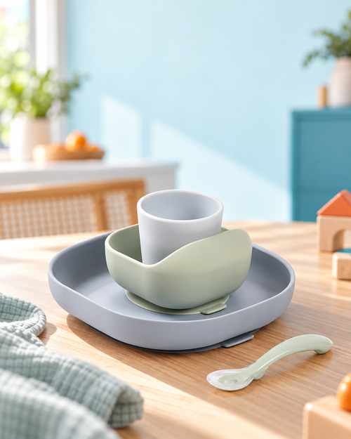 Coffret repas bébé avec assiette, bol, tasse et cuillère