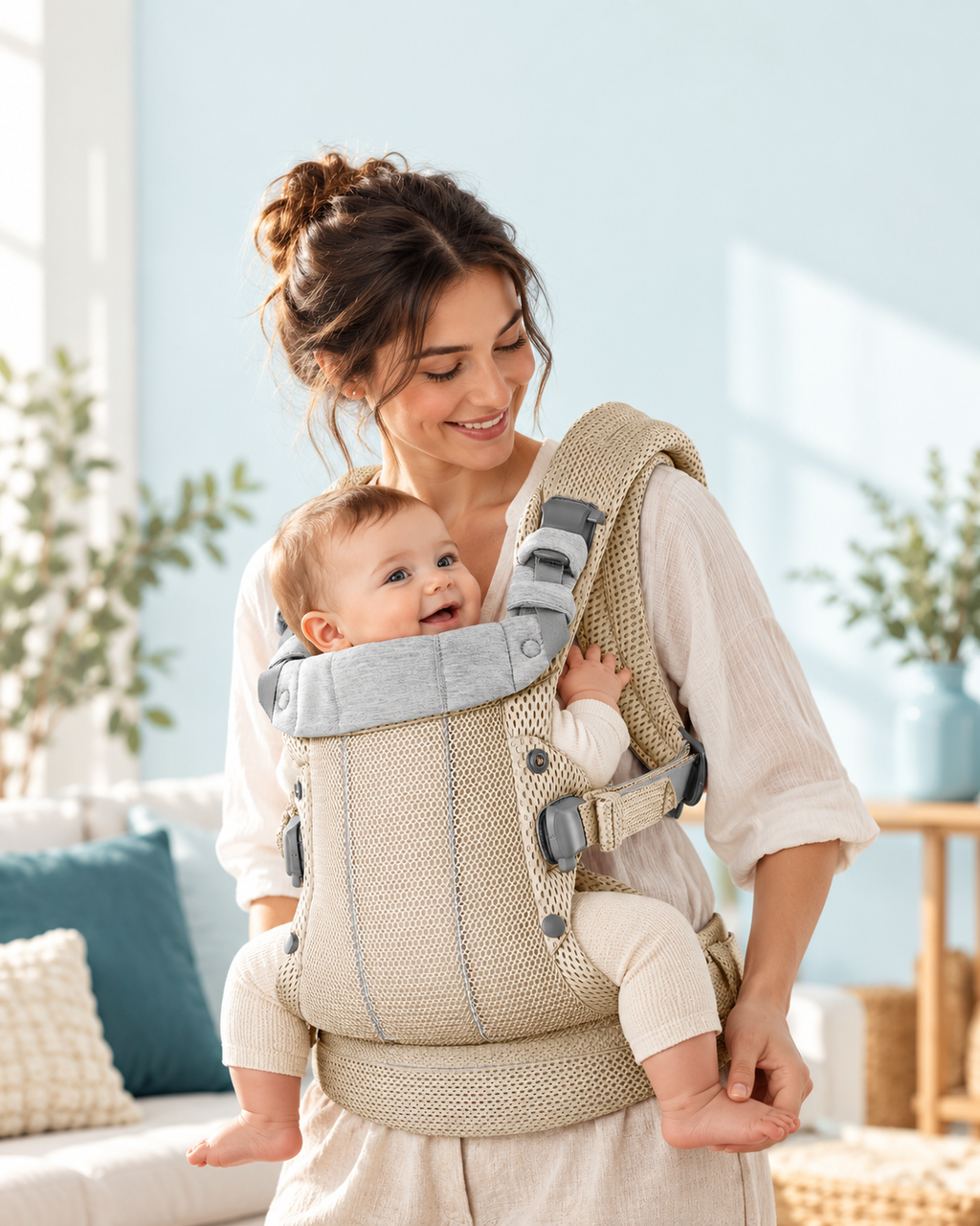 Parent portant son bébé dans un porte-bébé beige