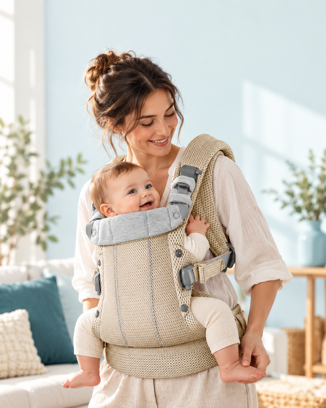 Parent portant son bébé dans un porte-bébé beige